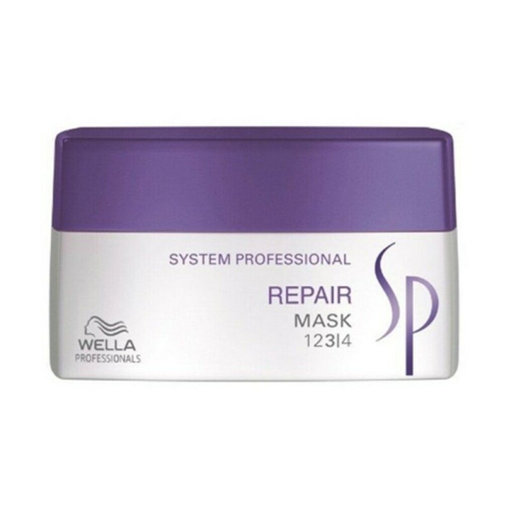Barattolo rettangolare con coperchio viola. Scritta: SP Repair Mask. Logo Wella. Testo multilingue.
