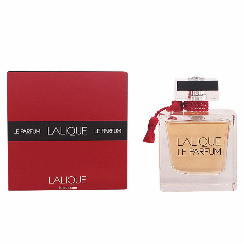 Flacone in vetro con liquido dorato e confezione rossa. Scritta: LALIQUE LE PARFUM. Scatola rossa.