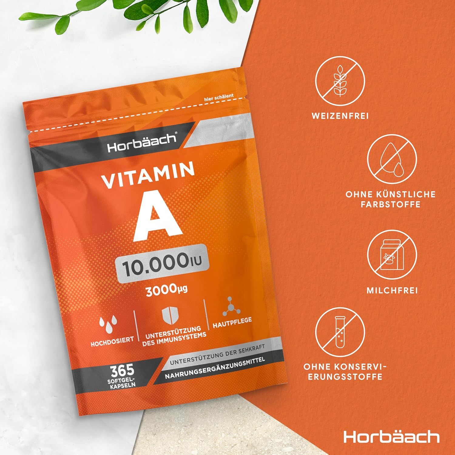 Confezione arancione con capsule di vitamina A 10.000 UI. Testo: ad alto dosaggio, supporto immunitario, cura della pelle, 365 capsule molli. Senza...