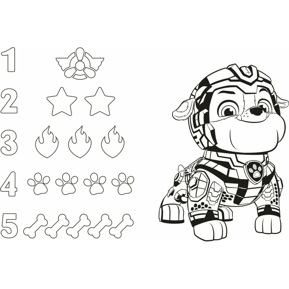 Modello di puzzle in bianco e nero con elementi numerati. È raffigurato un cane in costume da supereroe.