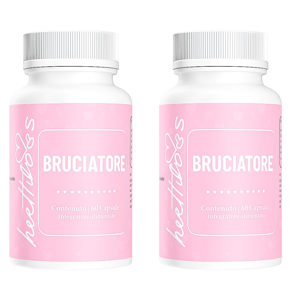 Due flaconi bianchi con etichette rosa. Le etichette riportano "BRUCIATORE" e "heettifoss".