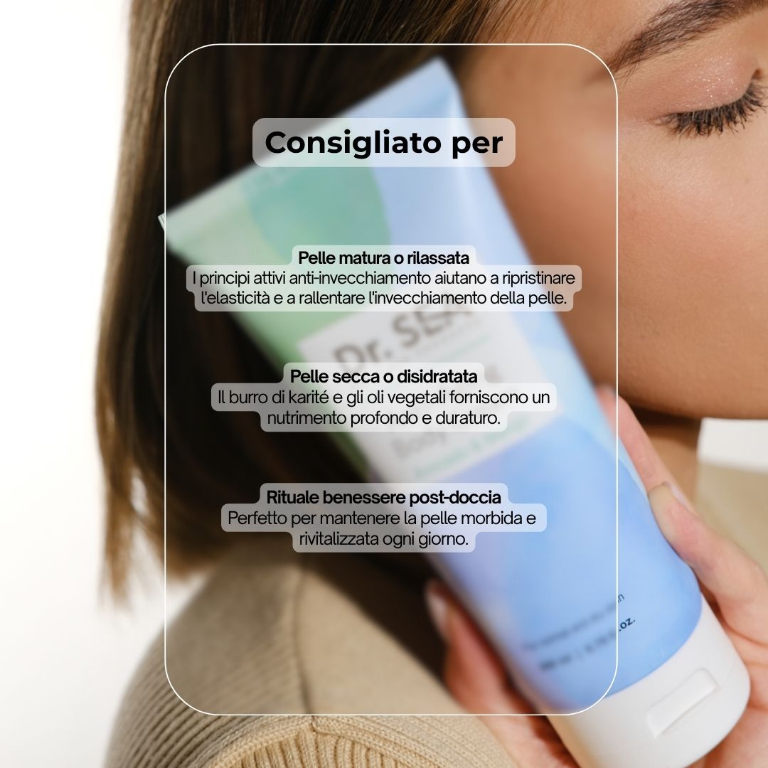 Donna che tiene un tubo di crema. Scritta: Dr. SEA, Anti-Aging Body Cream, Avocado & Mango. Consigliato per pelli mature o rilassate.