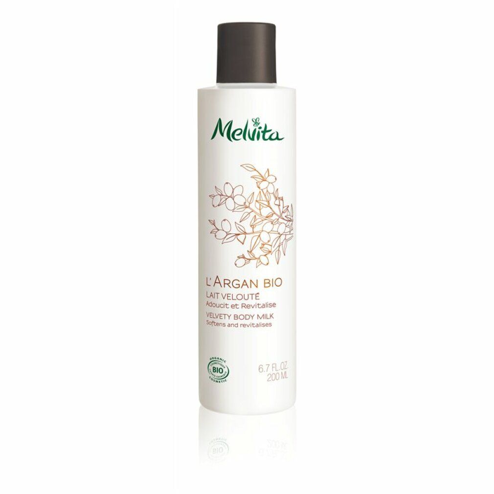 Flacone bianco con tappo marrone. Scritta Melvita, L'Argan Bio, Lait Velouté. Certificazione bio.