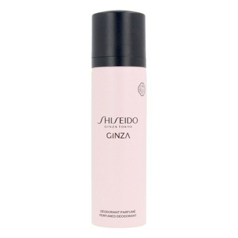 Spray deodorante rosa con tappo nero. Scritta: SHISEIDO GINZA TOKYO GINZA. Testo: DEODORANT PARFUME PERFUMED DEODORANT.