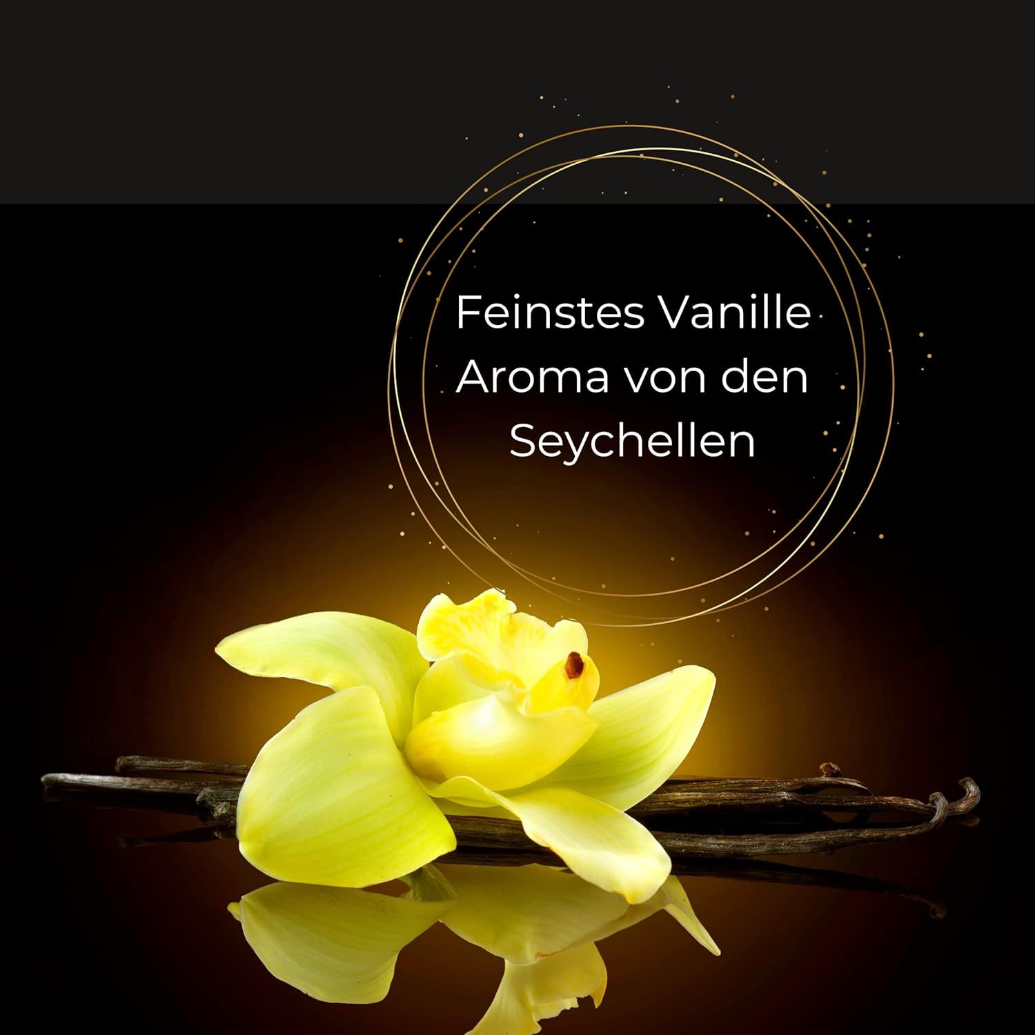 Orchidea gialla e baccelli di vaniglia. Testo: Aroma di vaniglia delle Seychelles.