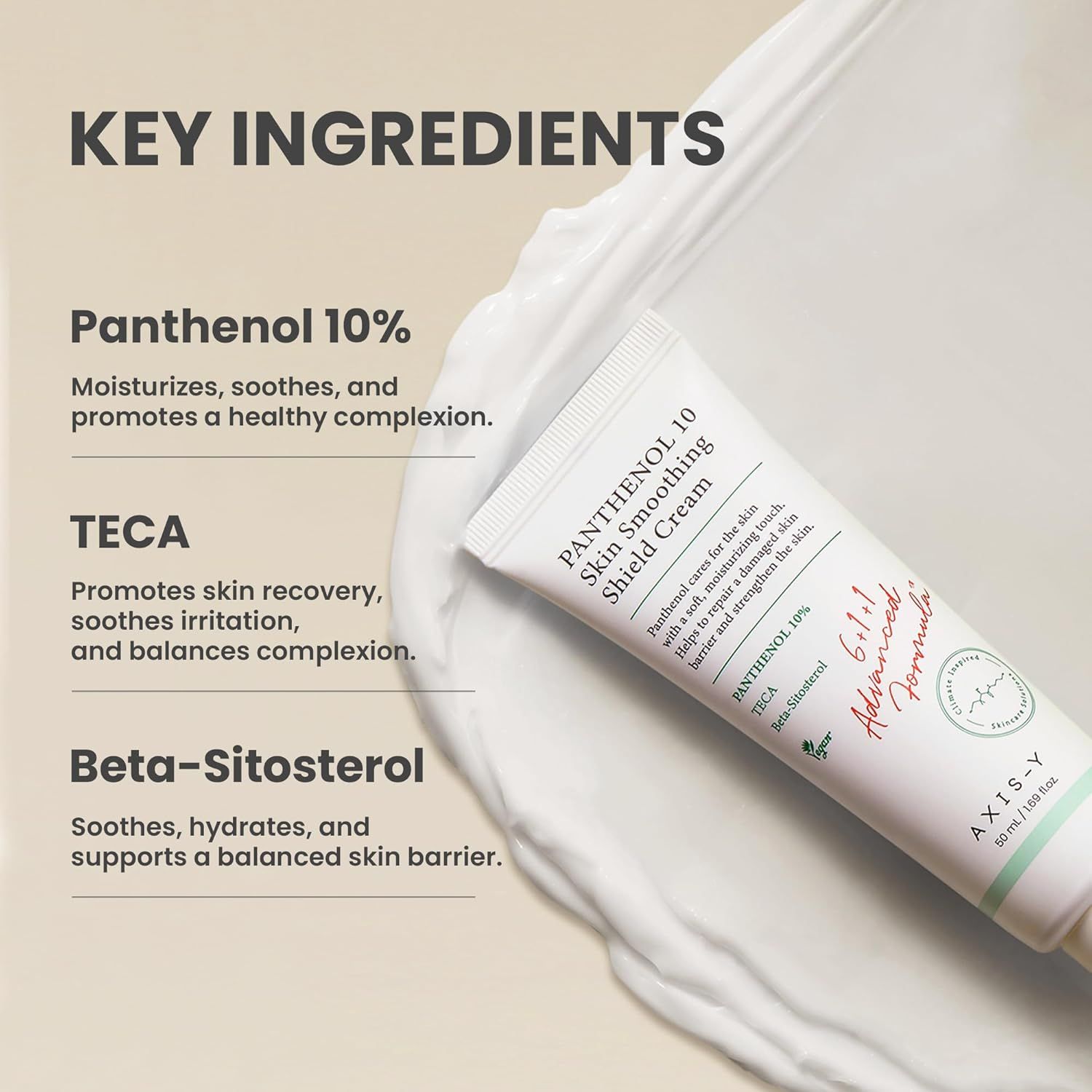 Tubo 'Panthenol 10 Skin Smoothing Shield Cream' con testo. Testo: 'Key Ingredients' e ingredienti.