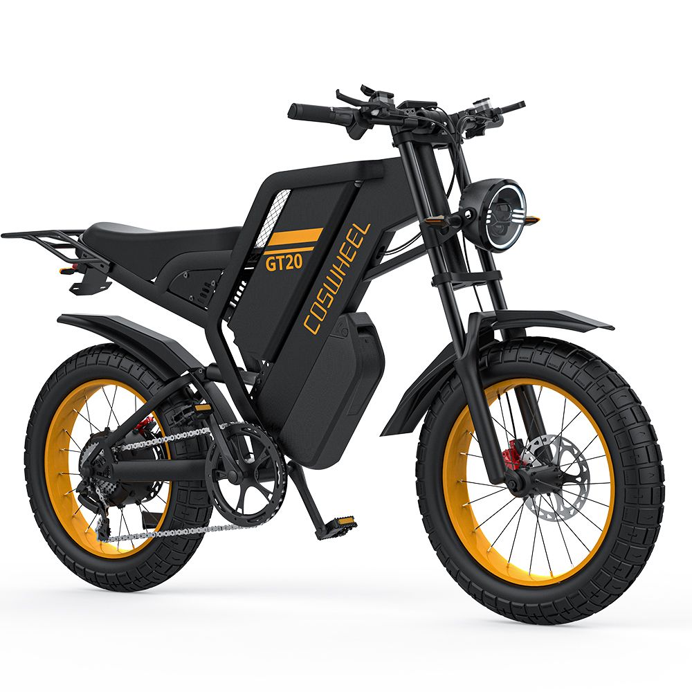 E-bike nera con cerchi gialli. Scritta COSWHEEL GT20. Pneumatici larghi, faro.