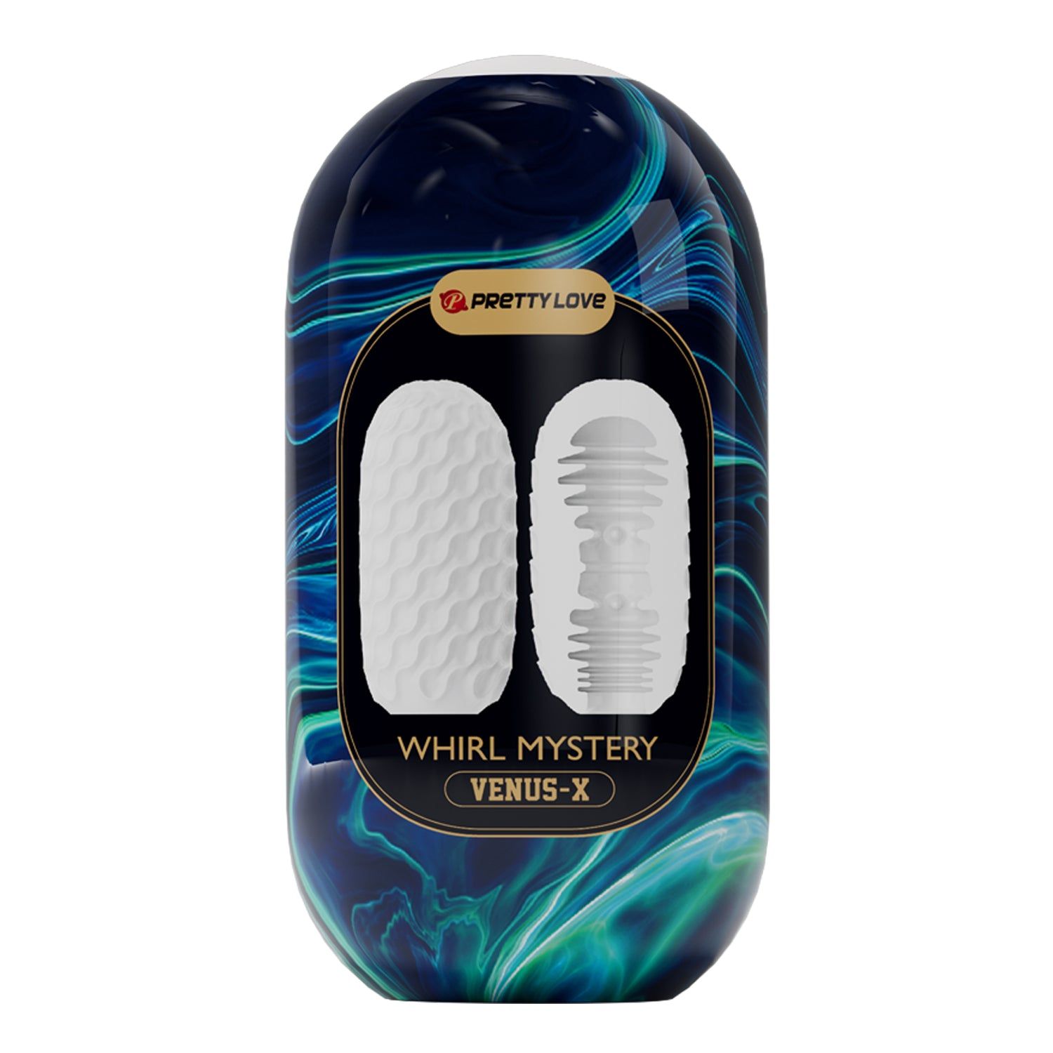 Prodotto ovale con confezione blu-verde, testo: VENUS-X, PRETTY LOVE. Prodotto con superficie ondulata.