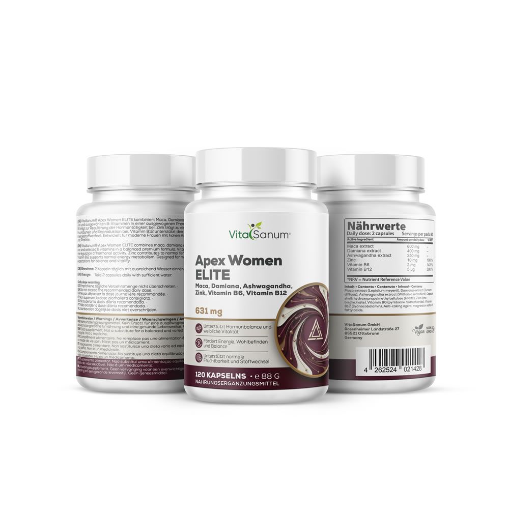 Tre barattoli di VitaSanum® Apex Women ELITE, uno davanti, due dietro.