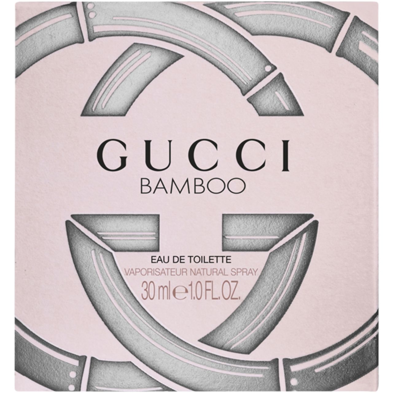 Confezione rosa con logo e scritta: GUCCI BAMBOO. Testo: Eau de Toilette, Vaporisateur Natural Spray, 30 ml, 1.0 FL.OZ.