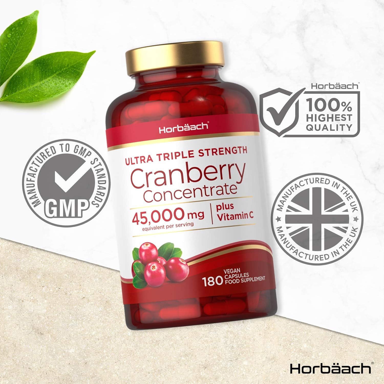 Capsule rosse in bottiglia. Scritta: Cranberry Concentrate 45.000mg + Vitamina C. 180 capsule. GMP.