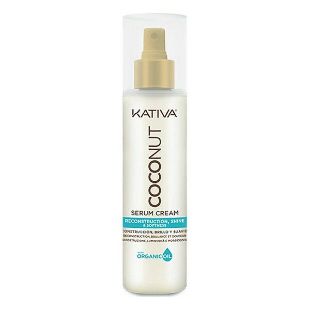Flacone Kativa Coconut Serum Cream con vaporizzatore. Scritta: Coconut, Serum Cream, Organic Oil.