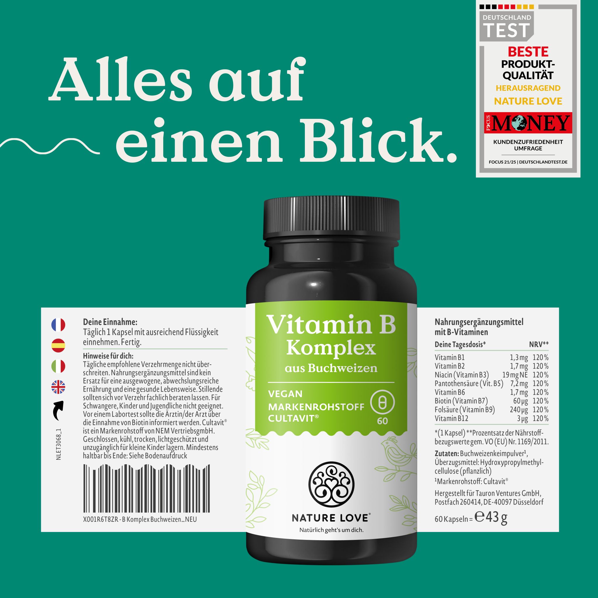 Flacone di complesso di vitamina B da grano saraceno, con sigilli e informazioni nutrizionali. Testo: Tutto a colpo d'occhio.