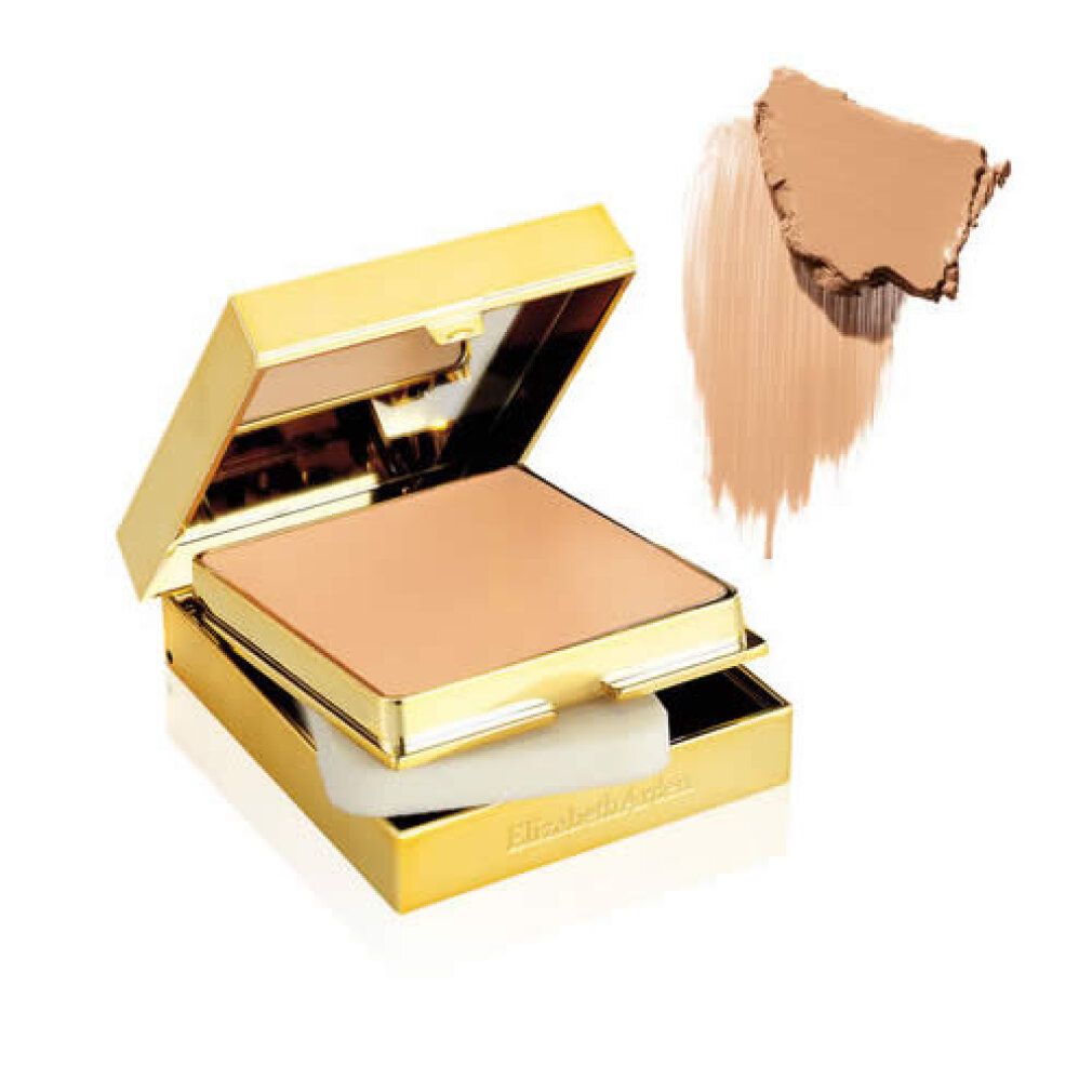 Cofanetto compatto dorato con spugna e trucco. Campione di trucco accanto.
