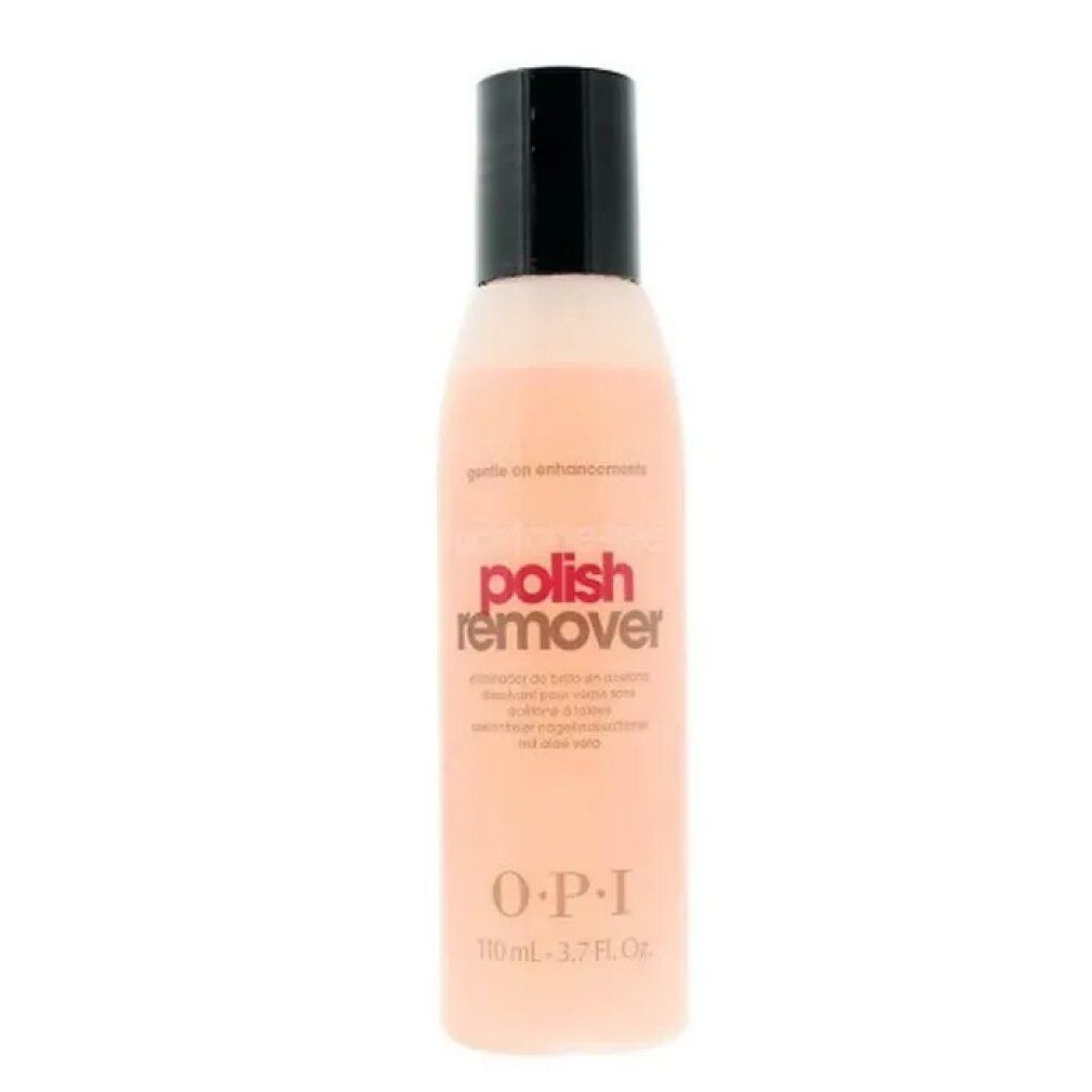 Flacone di solvente per unghie OPI. Liquido rosa, tappo nero. Scritta "polish remover".