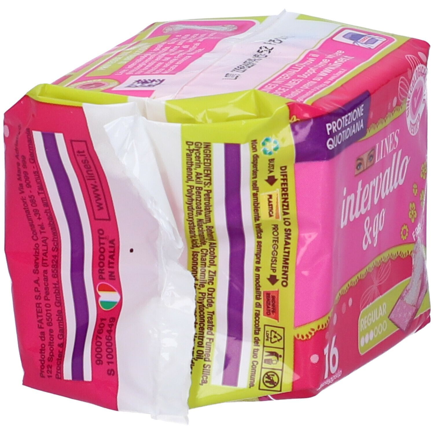 Retro di una confezione da 16 proteggislip Lines Intervallo & Go Fresh. Contiene ingredienti e informazioni sul riciclo.