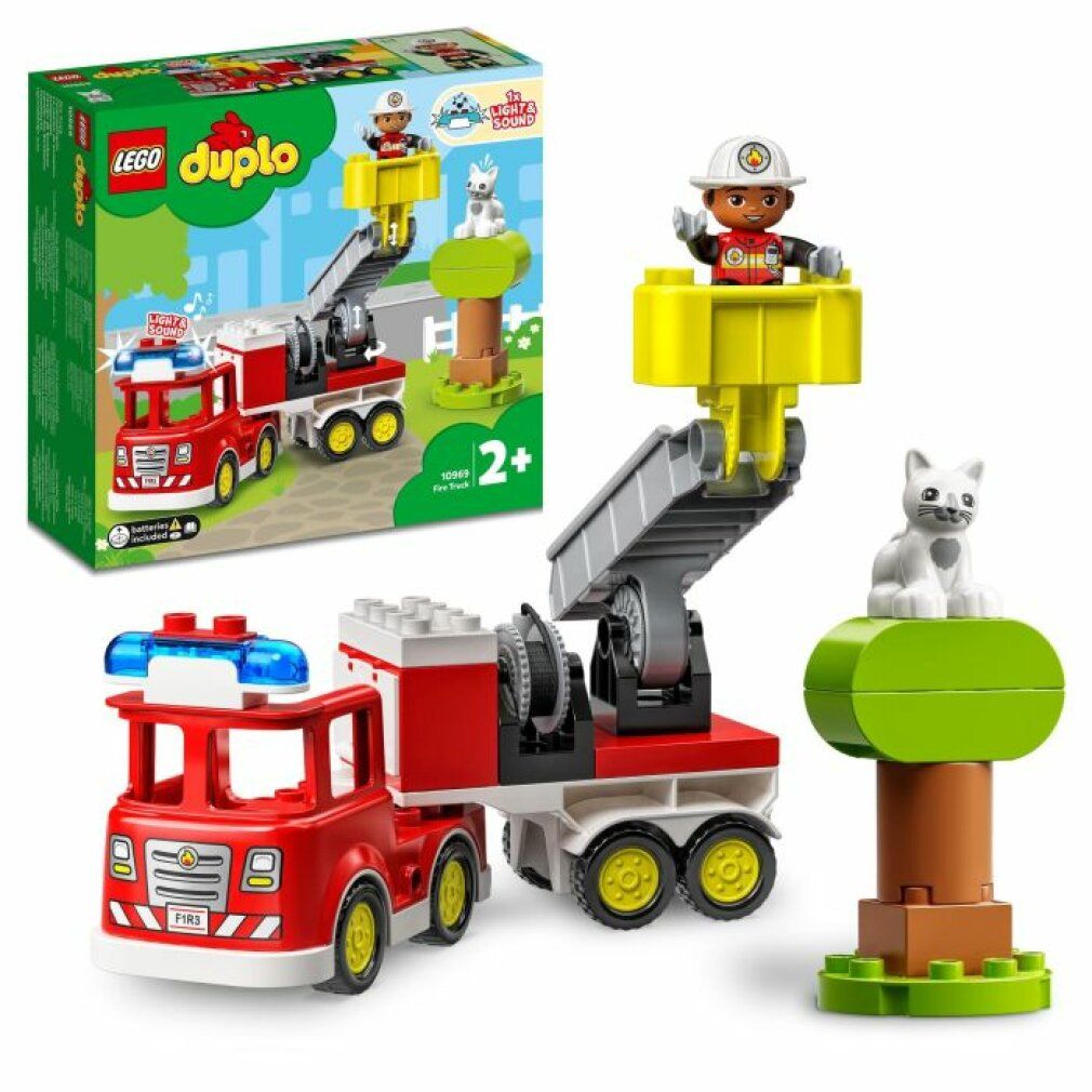 Set LEGO Duplo autopompa. Camion rosso con scala gialla, personaggio, gatto e albero. Confezione con logo e fascia d'età.
