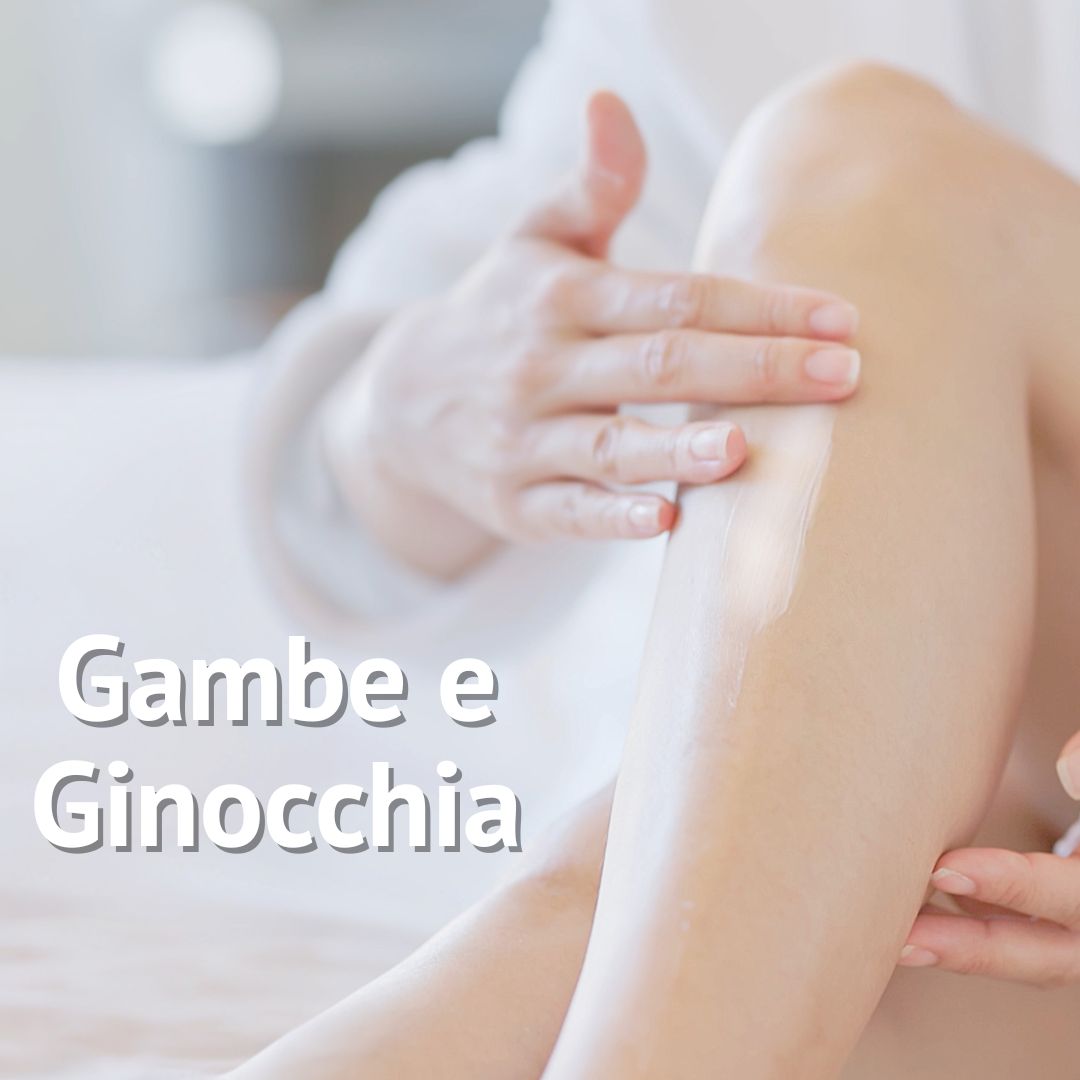 Persona che applica crema sulla gamba. Testo: Gambe e, Ginocchia.