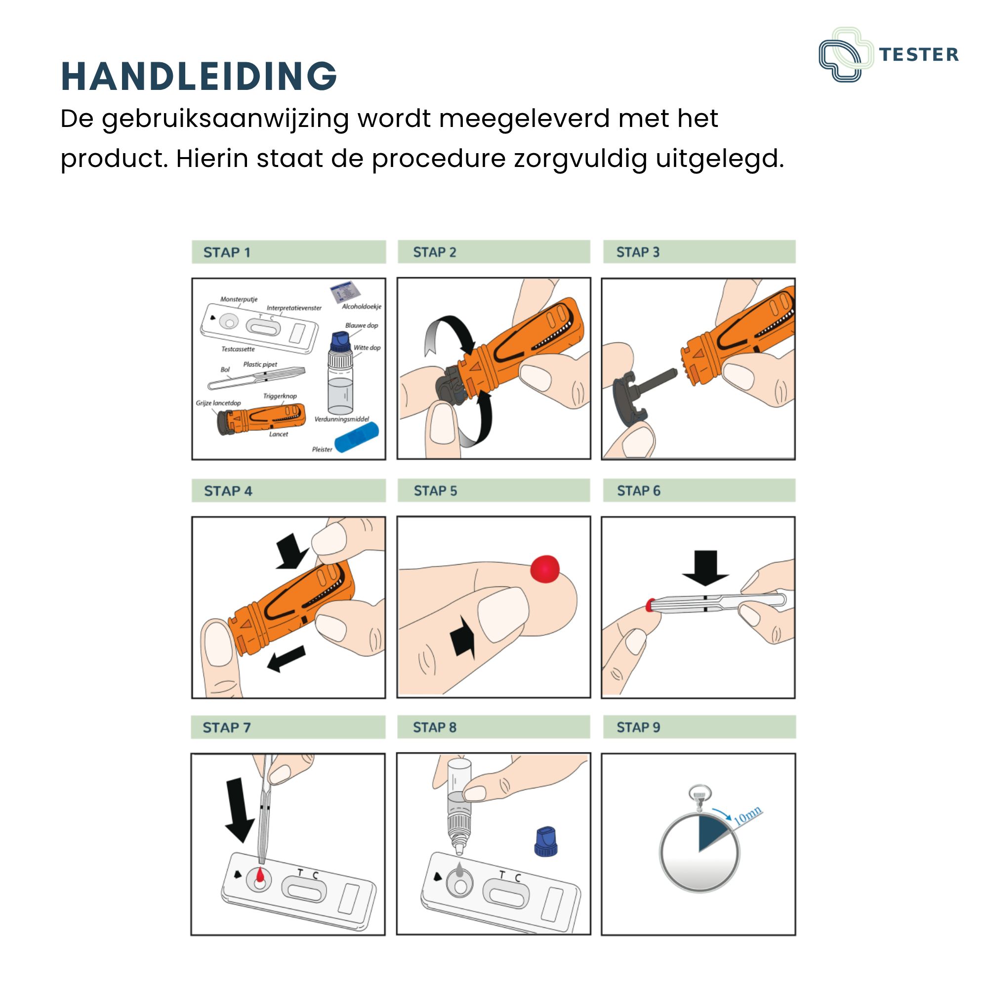 Istruzioni in nove passaggi per eseguire un test. Include illustrazioni dei componenti del test e del loro utilizzo. Lancetta arancione.