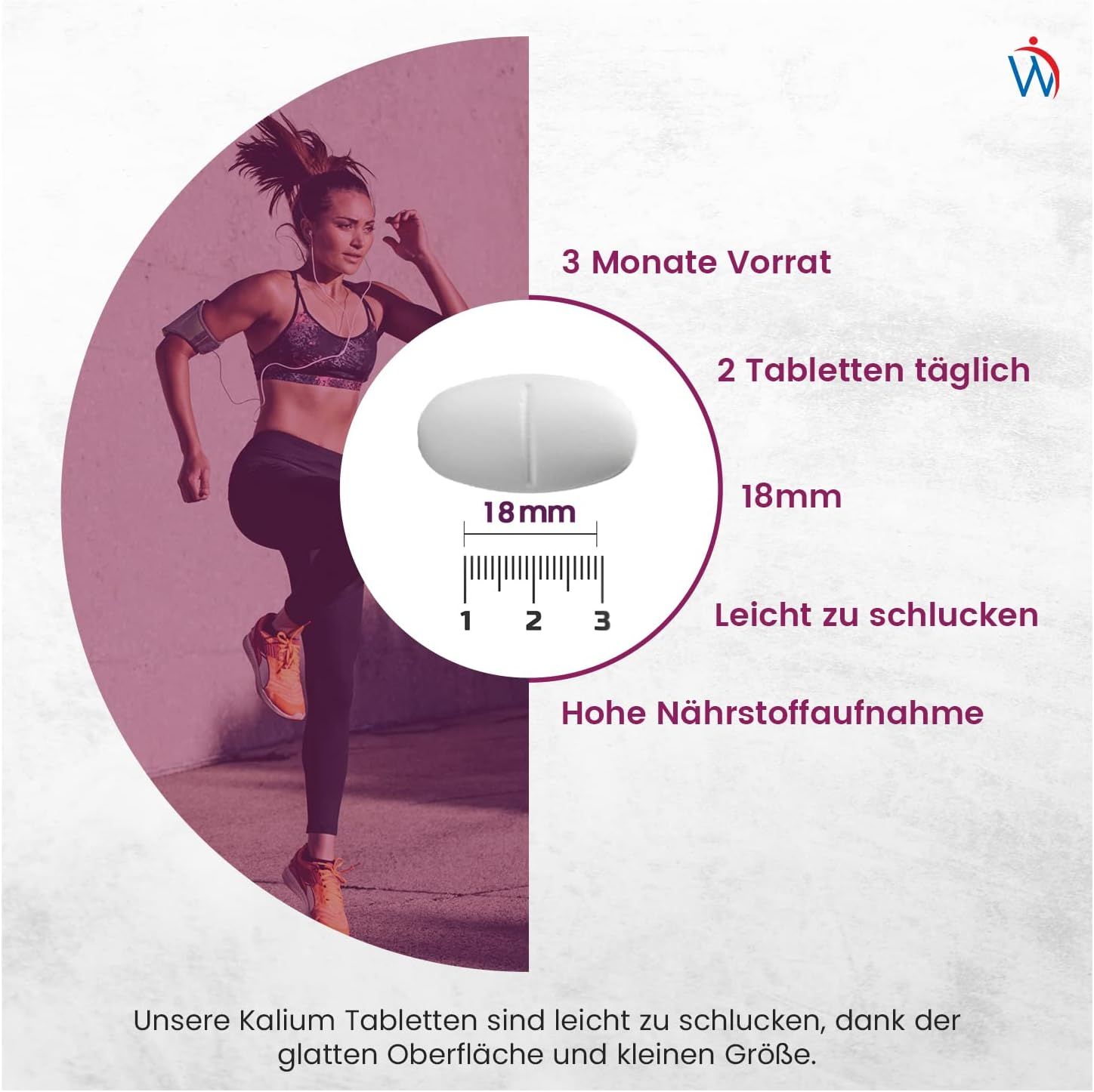 Immagine di una compressa. Dimensioni: 18mm. Testo: Facile da deglutire. Alto assorbimento dei nutrienti. Corridore sullo sfondo.