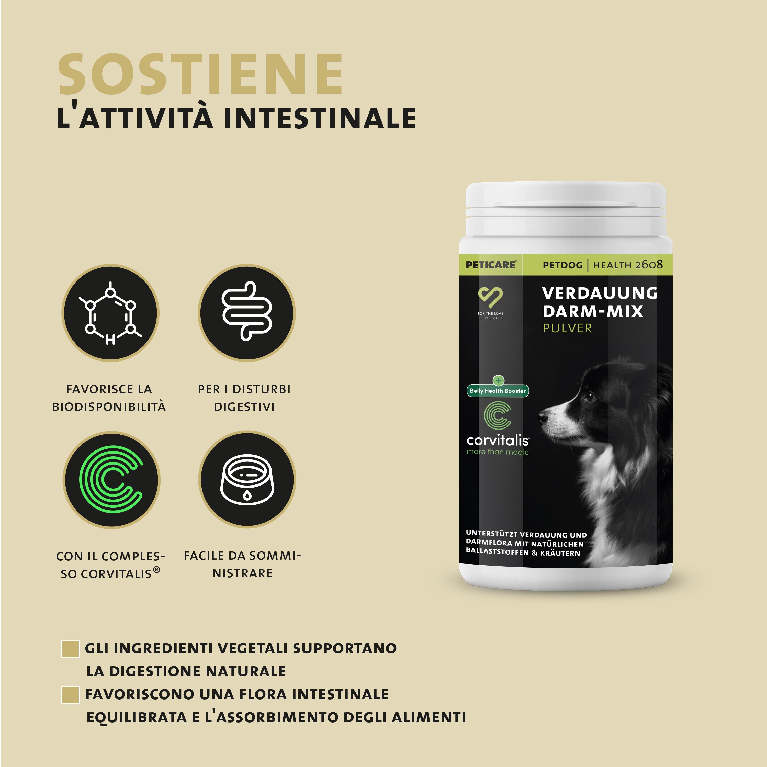 Peticare Polvere Digestione: barattolo, sostiene l'attività intestinale, con complesso Corvitalis.