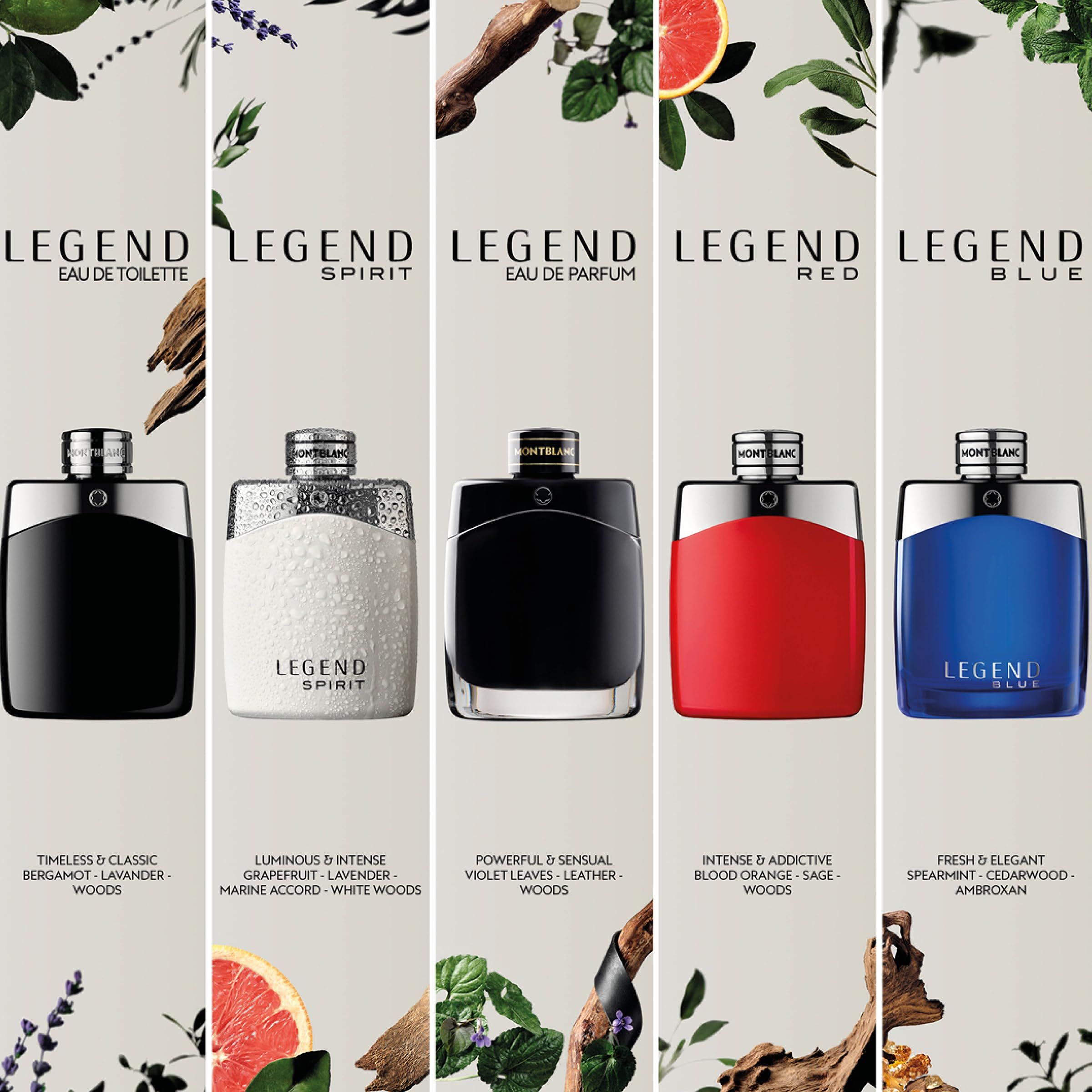Cinque flaconi. Legend Eau de Toilette, Spirit, Eau de Parfum, Red e Blue. Diversi colori e scritte.