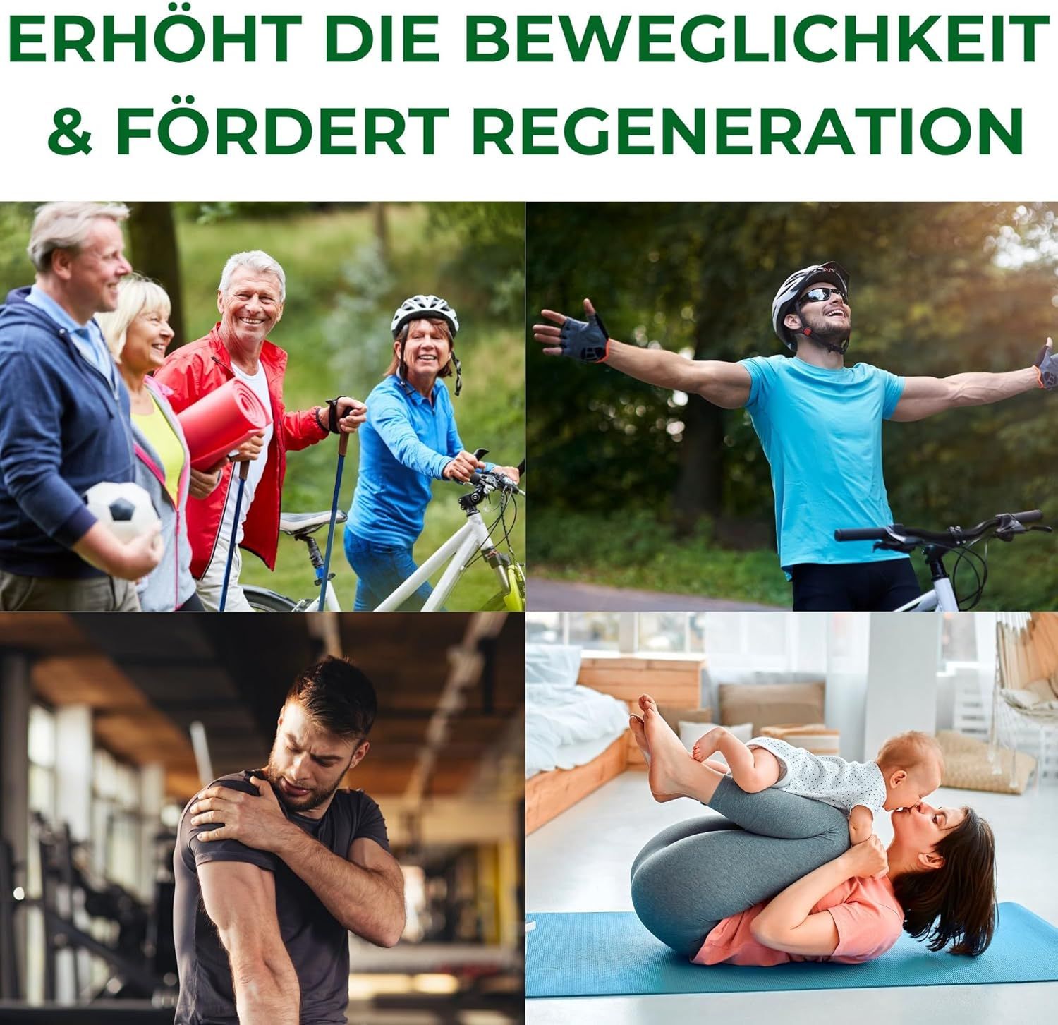 Persone in varie attività. Testo: Aumenta la mobilità e favorisce la rigenerazione. Ciclismo, sport, yoga con bambino.