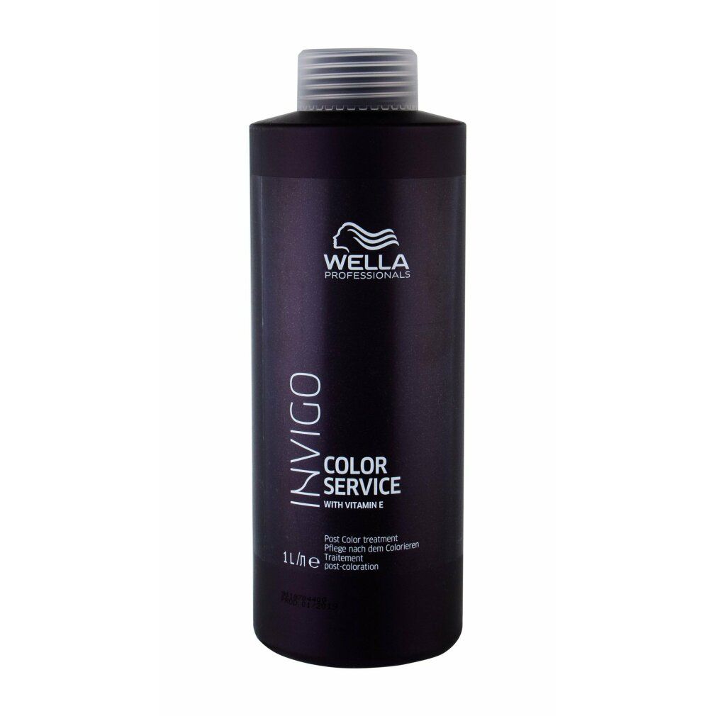 Flacone viola scuro Wella Invigo Color Service Post Color Treatment. Tappo bianco. Scritte: Invigo, Color Service, 1L.