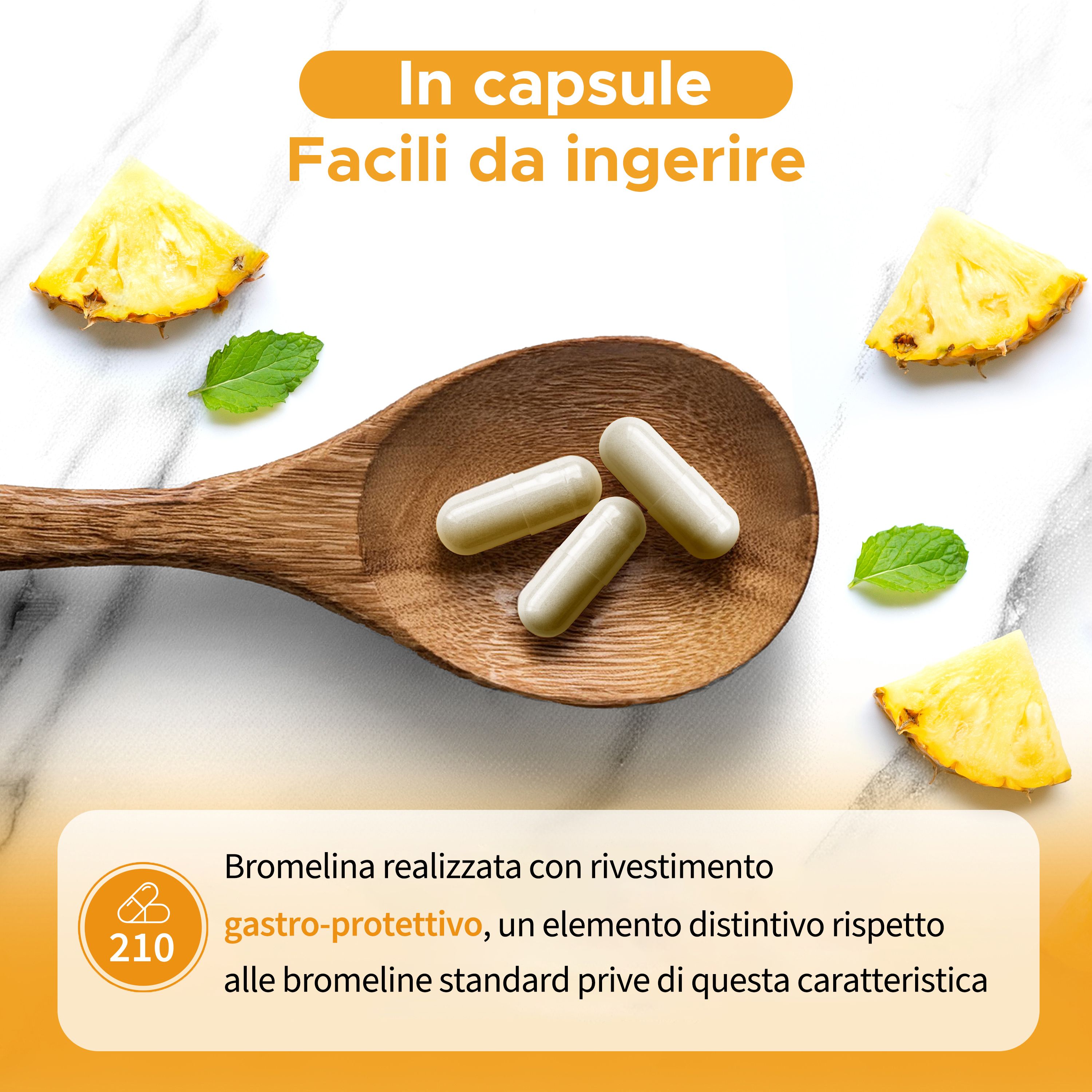 Cucchiaio di legno con tre capsule, pezzi di ananas e foglie di menta. Testo: facili da ingerire. 210 capsule.