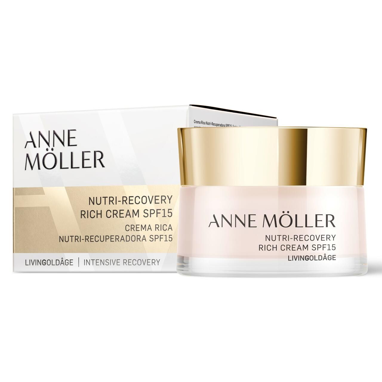 Vasetto di crema e confezione. Scritta: ANNE MÖLLER, Nutri-Recovery Rich Cream SPF15, Livingoldâge. Confezione con testo.