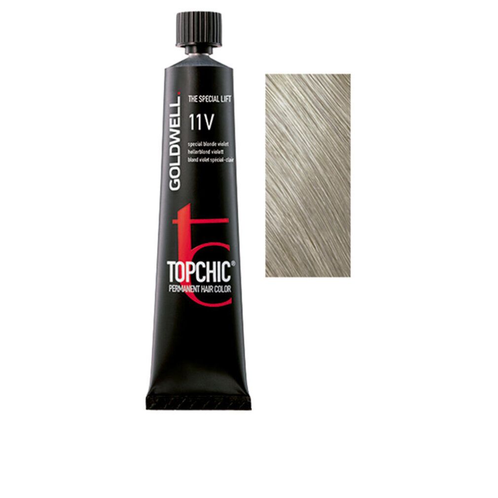 Tubo di colorazione per capelli Goldwell Topchic 11V e campione colore. Tubo nero con nome prodotto e tonalità. Campione biondo chiaro.