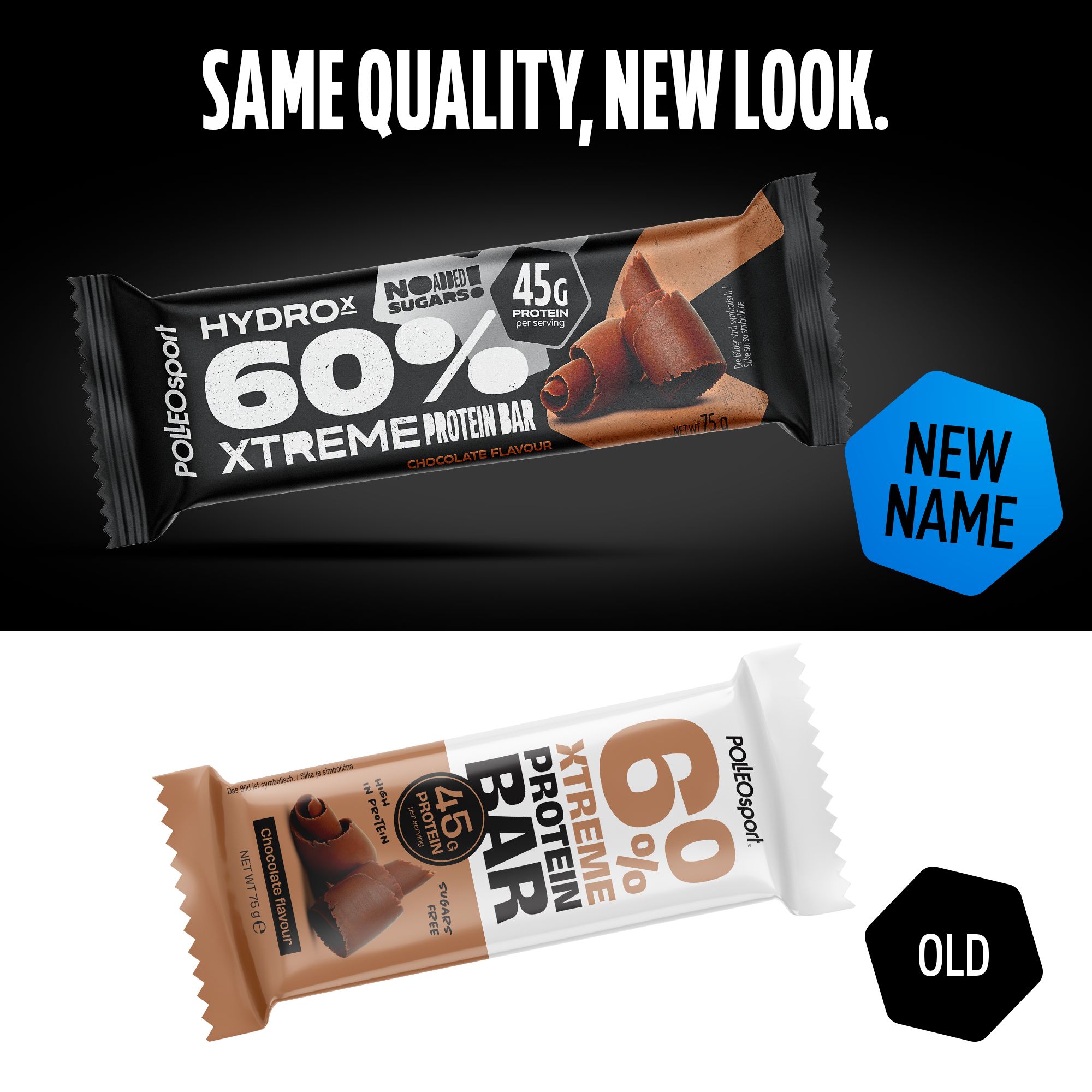 Due barrette proteiche, una nera, una bianca. Entrambe con 60% proteine, gusto cioccolato. Nome del prodotto e logo. Contiene 45g proteine. Senza zuccheri.