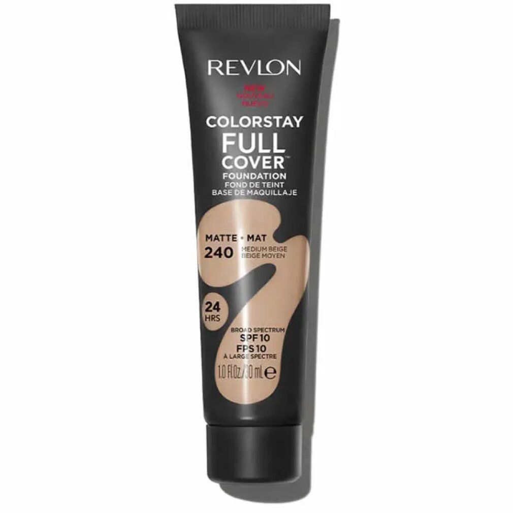Tubo di fondotinta Revlon Colorstay Full Cover, tonalità 240 Medium Beige. Tubo nero con informazioni e illustrazione del colore.
