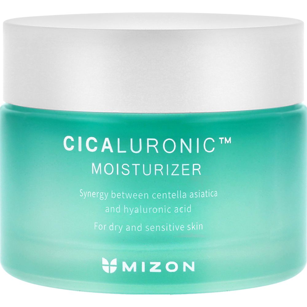 Vasetto turchese con coperchio bianco. Scritta: CICALURONIC MOISTURIZER. Marchio: MIZON.