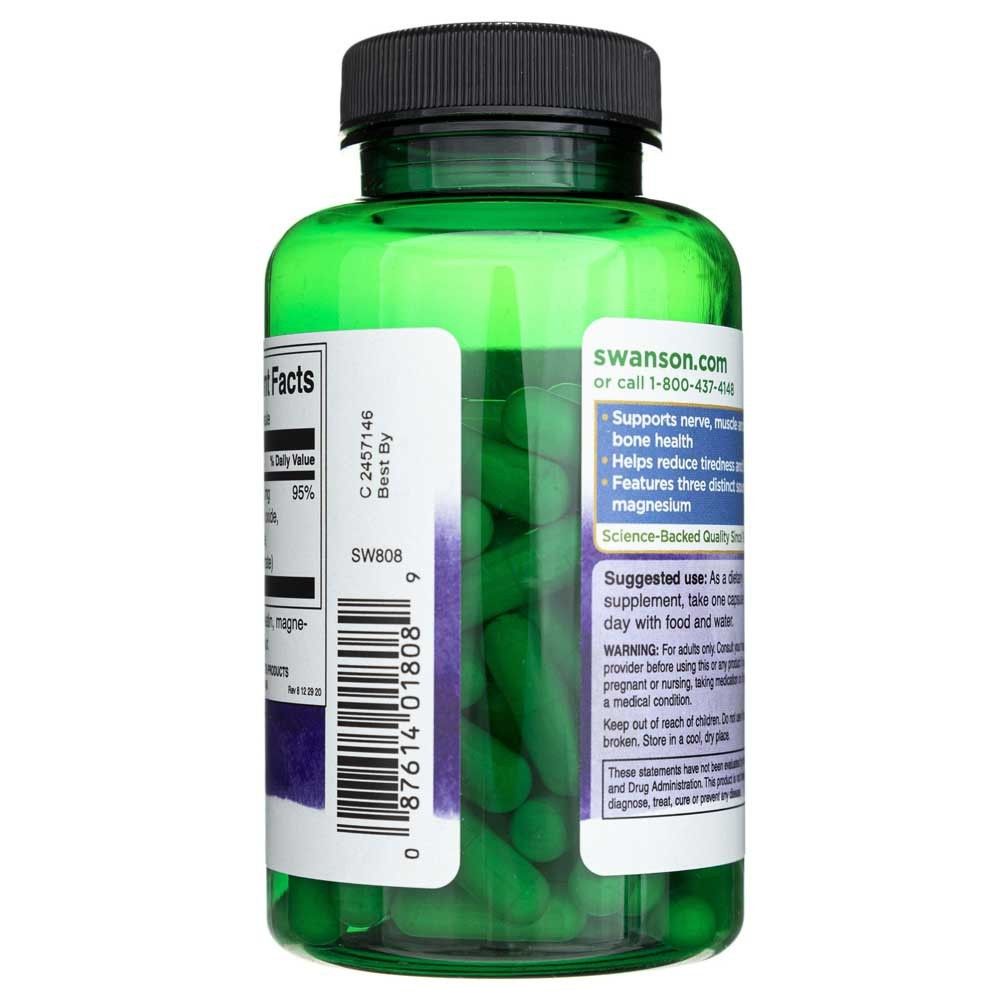Retro di un flacone Swanson Triple Magnesium Complex 400 mg, che mostra i benefici del prodotto e le istruzioni per l'uso.