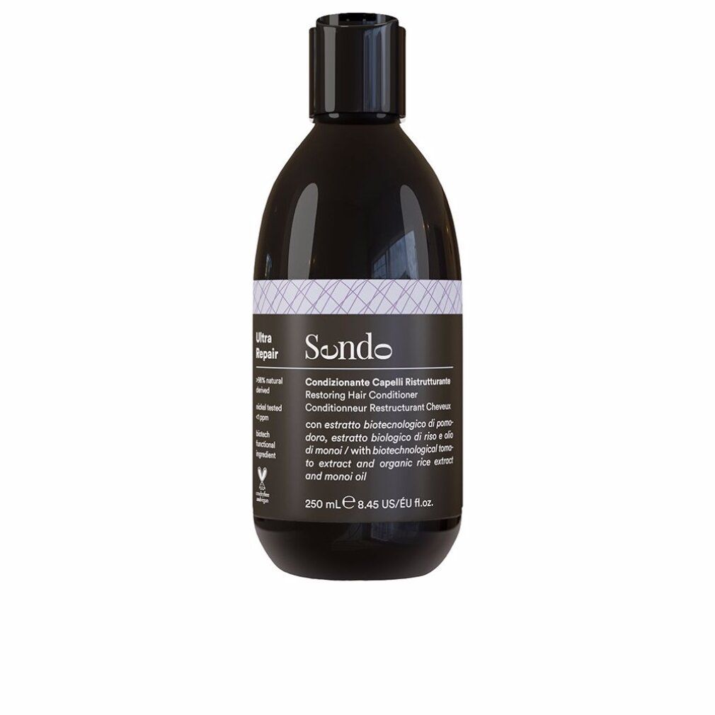 Flacone nero con etichetta bianca. Testo: Sendo Ultra Repair, Restoring Hair Conditioner. 250 ml.