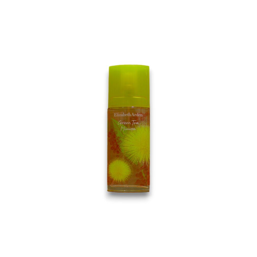 Flacone rettangolare con tappo giallo. Liquido rosa. Scritta: Green Tea Mimosa.