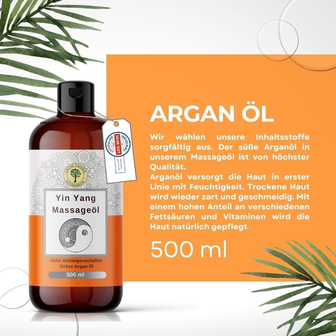 Flacone marrone con etichetta. Olio da massaggio Yin Yang, 500 ml. Informazioni sull'olio di argan. Molto bene.