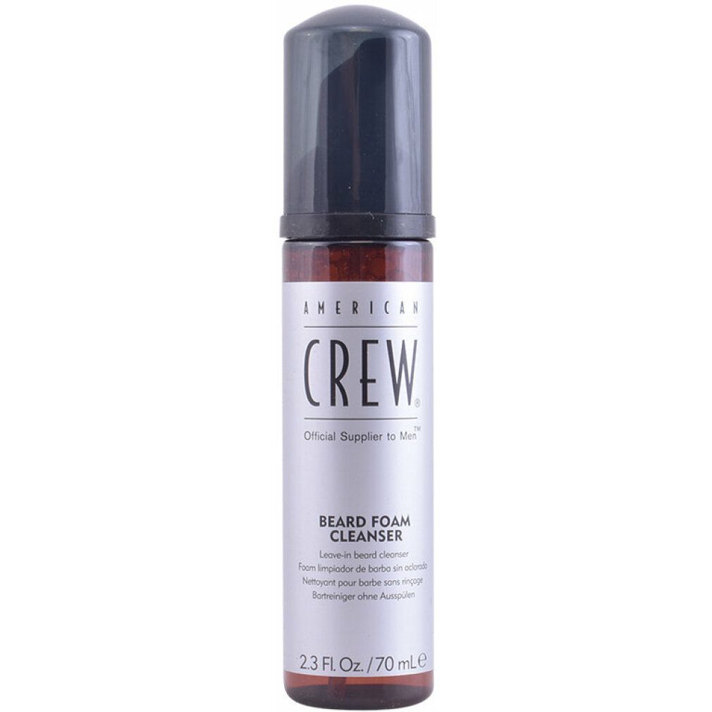 Detergente in schiuma per barba American Crew. Flacone con tappo nero ed etichetta argentata. 2.3 Fl. Oz./70 ml.