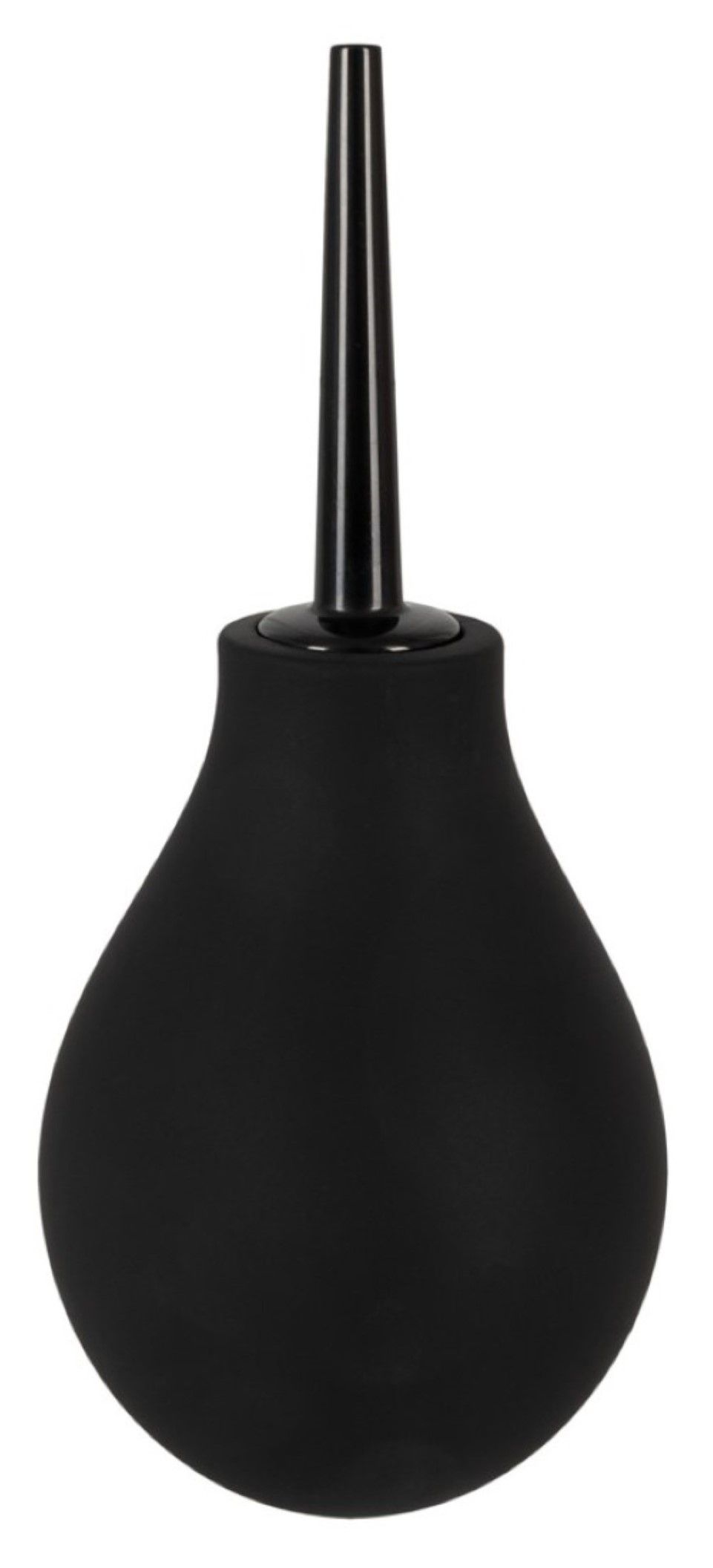 Doccia anale nera con attacco conico. Corpo a forma di pera, superficie liscia. Attacco in plastica.