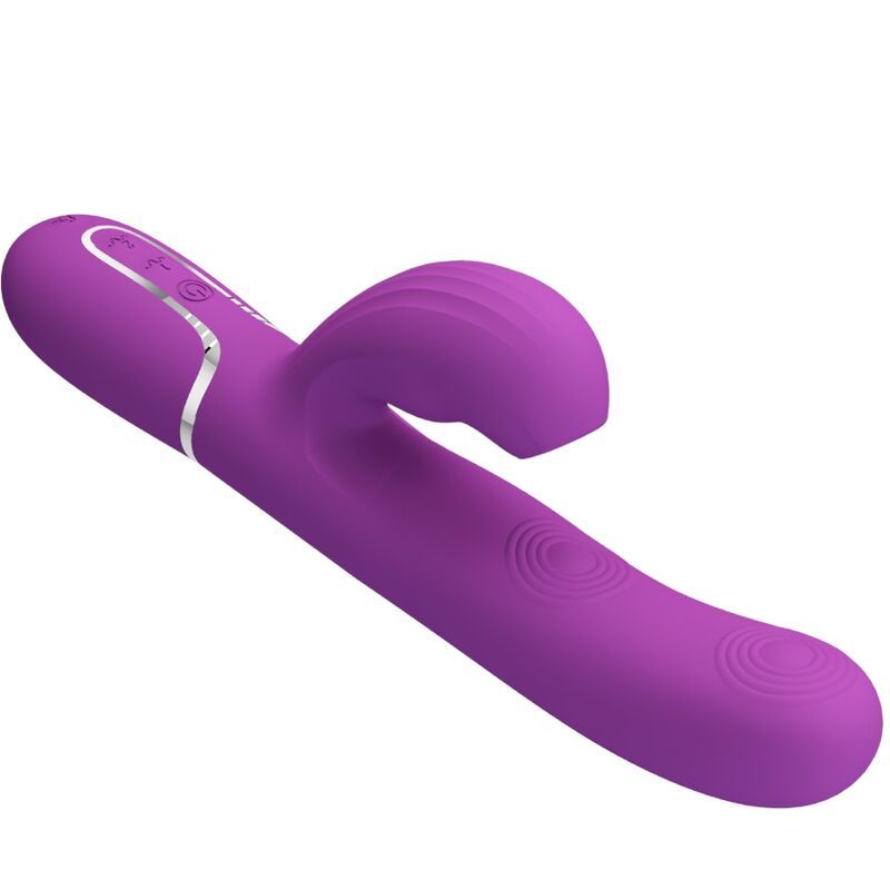 Vibratore coniglio viola, angolato lateralmente, con scanalature e due stimolatori.