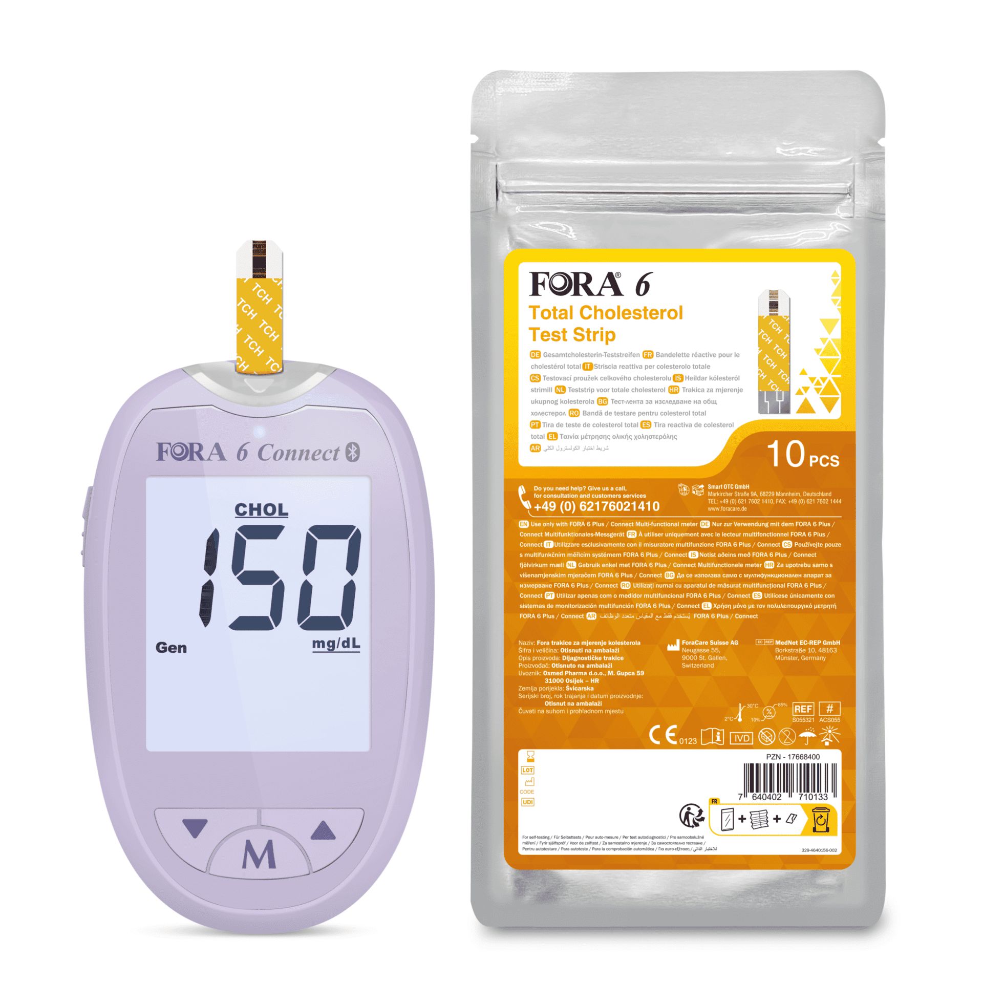 Misuratore di colesterolo viola con confezione di strisce reattive. Mostra 150 mg/dL.