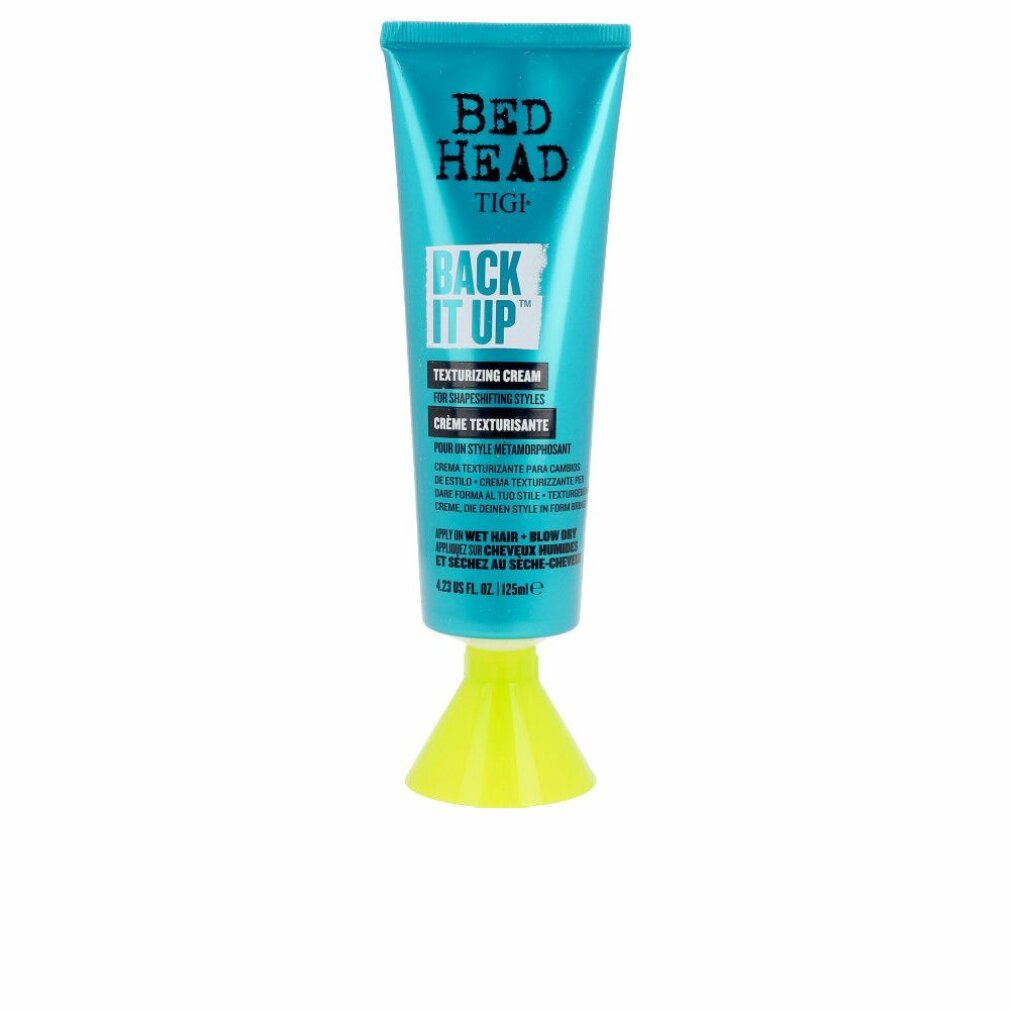 Tubo turchese con testo nero. Bed Head, TIGI, Back It Up Texturizing Cream. 125ml. Base verde.