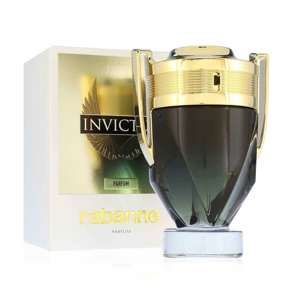 Flacone di profumo e confezione. Flacone verde scuro, tappo dorato. Confezione bianca con logo e testo.