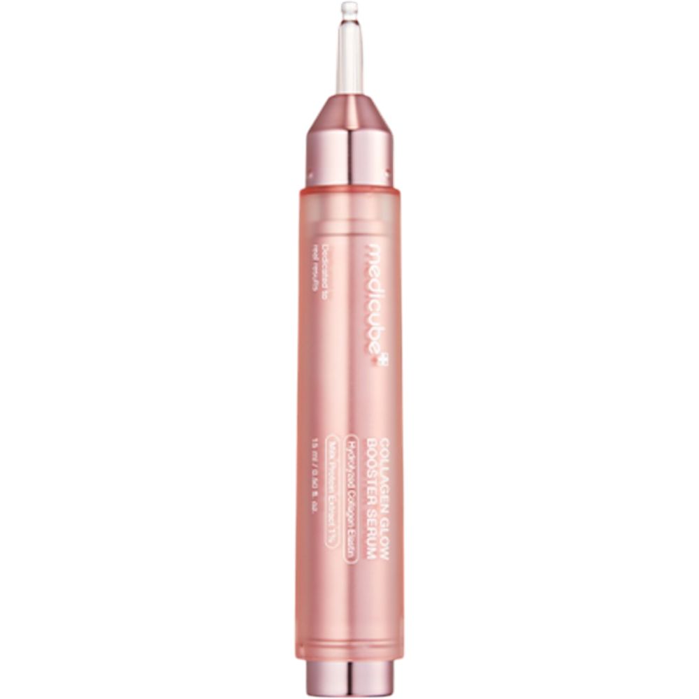 Flacone di siero rosa con applicatore. Scritta: MEDICUBE Collagen Glow Booster Serum.