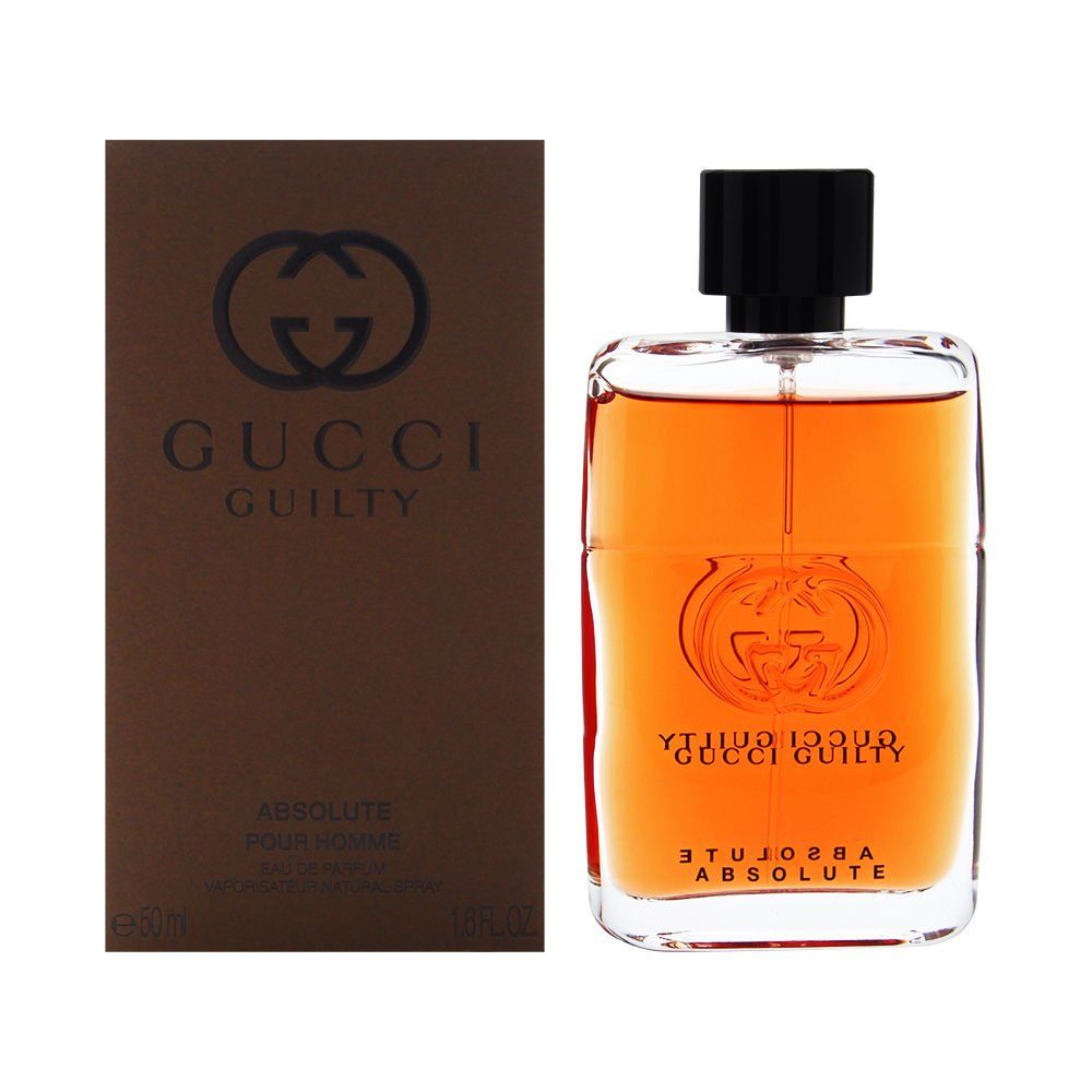 Flacone e confezione Gucci Guilty Absolute. Liquido marrone in flacone di vetro con tappo nero. Confezione marrone con logo.