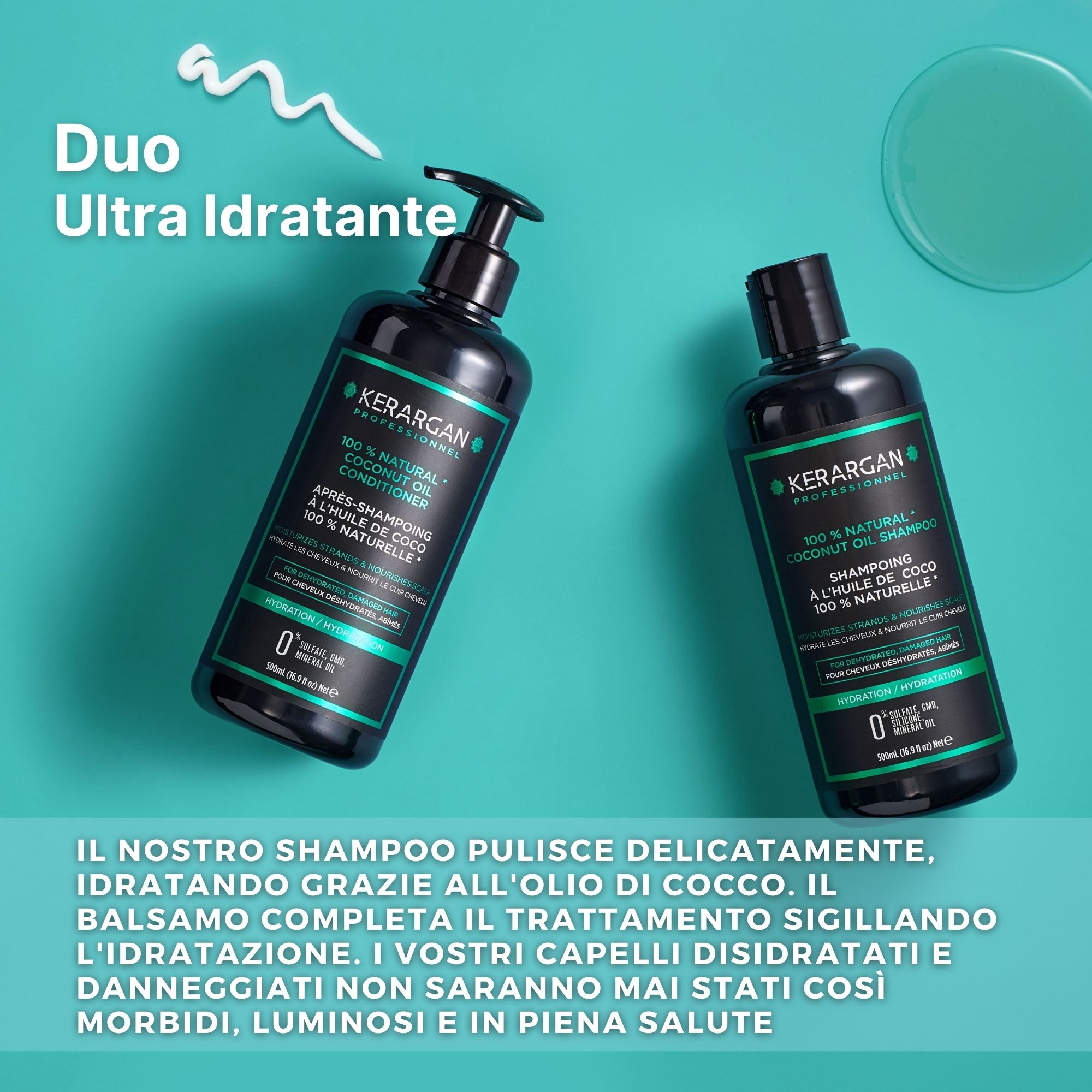 Kerargan - Duo Shampoo & Balsamo Olio di Cocco - Capelli Disidratati - Senza solfati, OGM