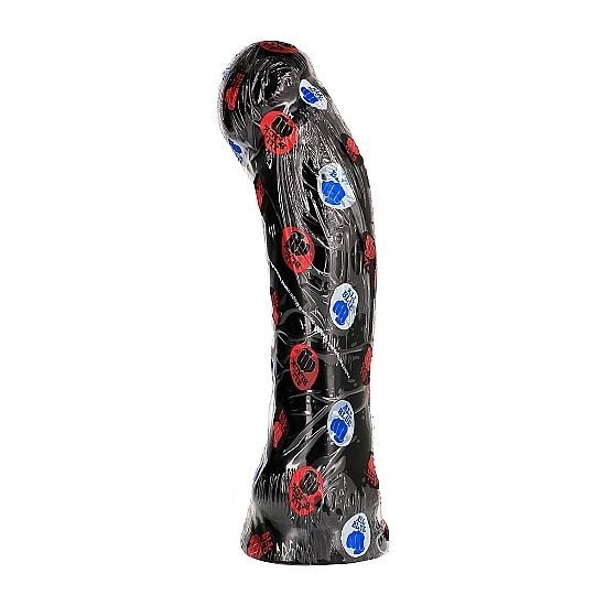 Dildo nero in confezione trasparente. Confezione con adesivi rossi e blu. Forma curva.