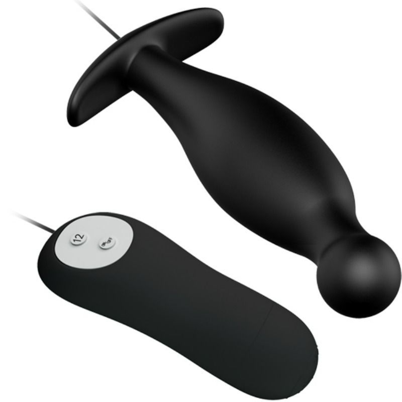 Plug anale in silicone nero con base larga e telecomando, in primo piano su sfondo bianco.