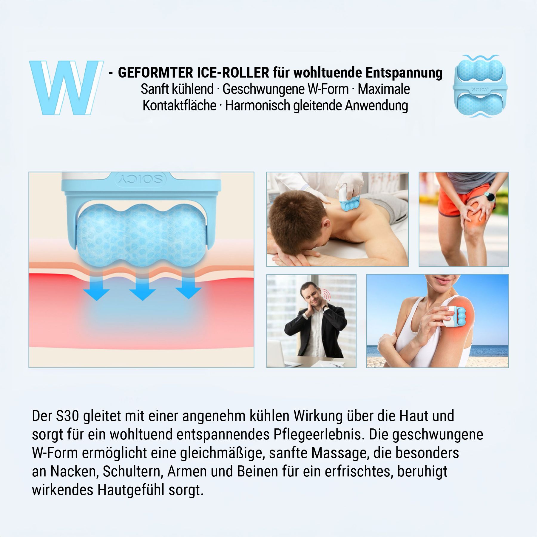 Uomini e donne usano i rulli di ghiaccio. Scritta: SOICY. Testina a rullo a forma di W. Applicazioni sul corpo.